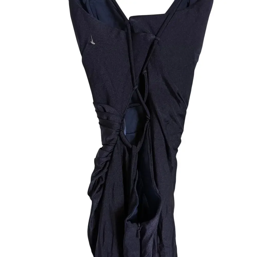 La Femme Navy Ruched Jersey V-Neck Slit Formal Gown Dress Tie Up Back Size 0 - Picture 7 of 9